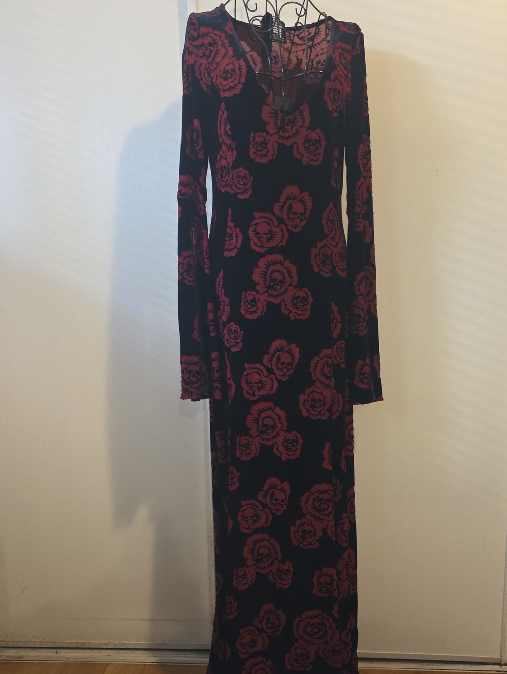 Killstar Black Maxi Dress with Dark Red Rose Print